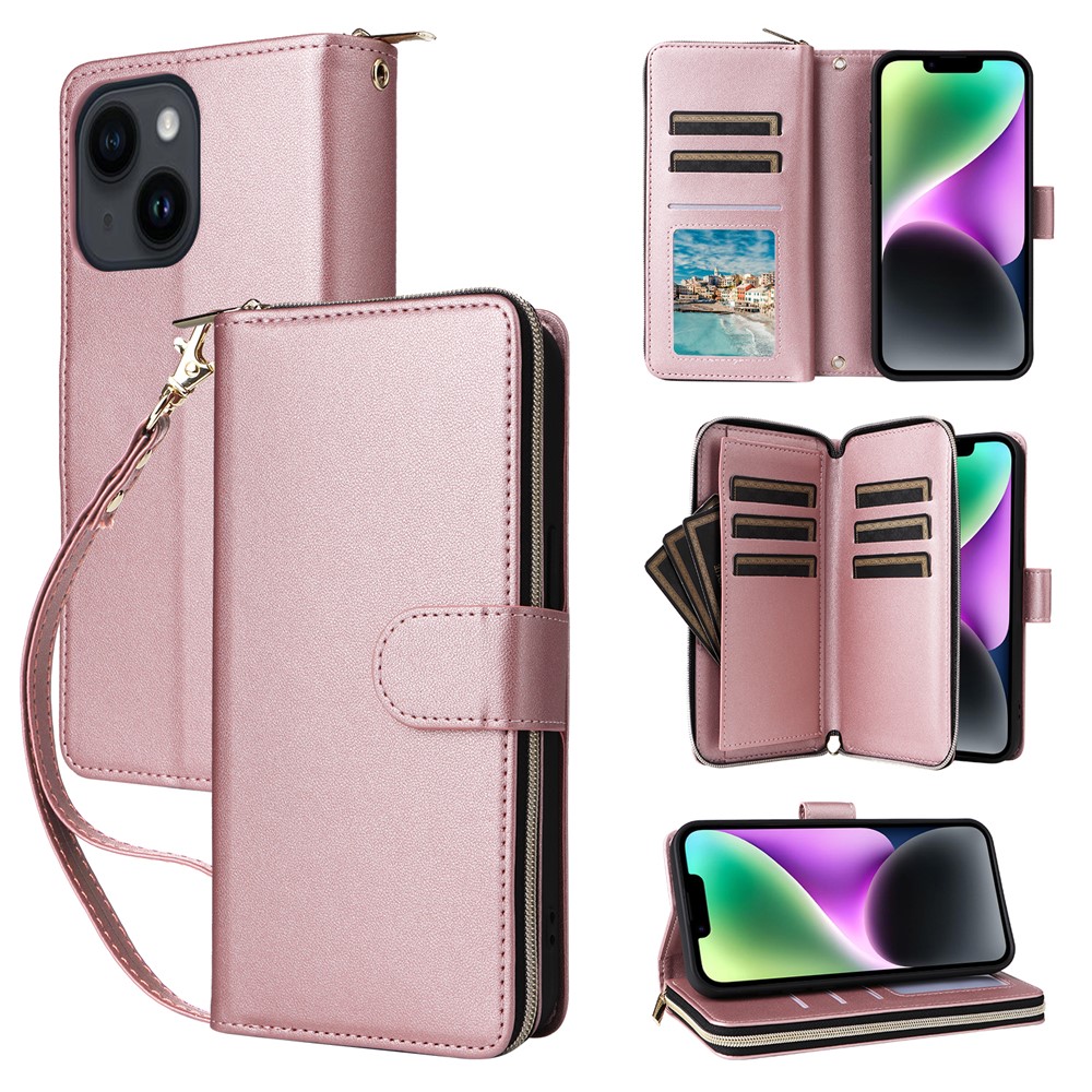 R20 For iPhone 14 / 13 Case Zipper Pocket Leather Phone Cover Stand View - Rose Gold