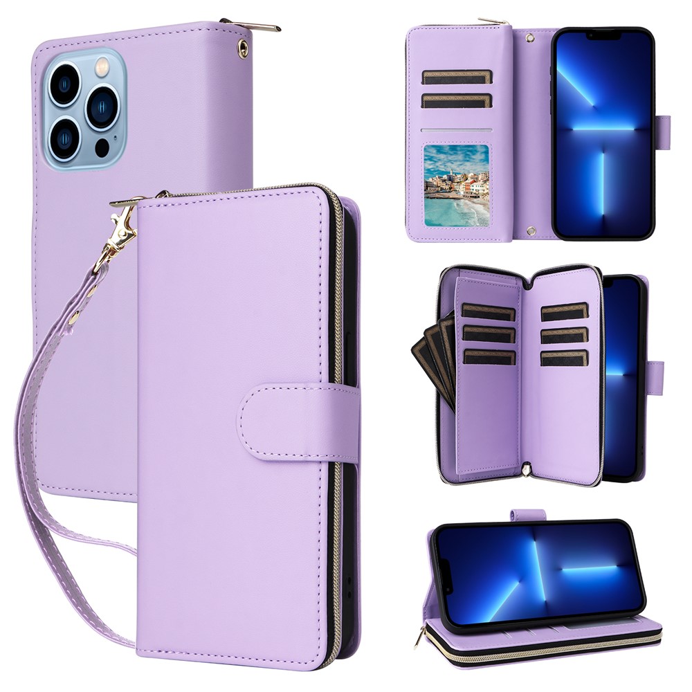 R20 For iPhone 13 Pro Max Case Zipper Wallet Phone Leather Cover with Hand Strap - Light Purple