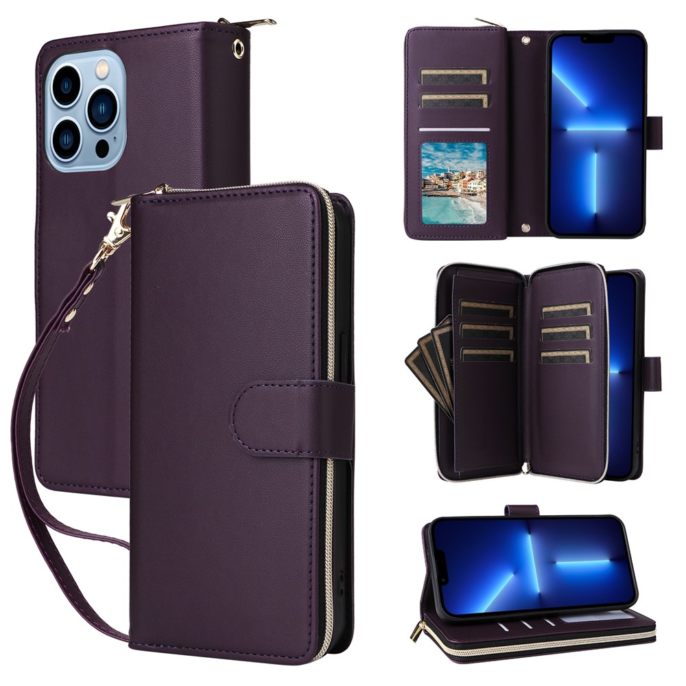 R20 For iPhone 13 Pro Max Case Zipper Wallet Phone Leather Cover with Hand Strap - Dark Purple