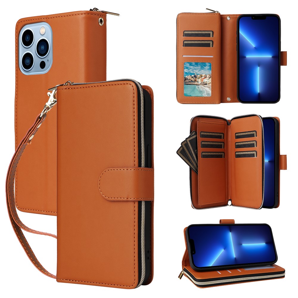 R20 For iPhone 13 Pro Max Case Zipper Wallet Phone Leather Cover with Hand Strap - Brown