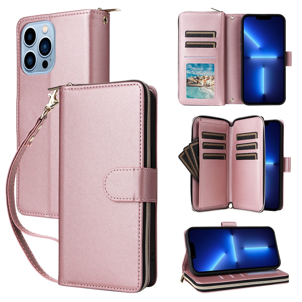 R20 For iPhone 13 Pro Max Case Zipper Wallet Phone Leather Cover with Hand Strap - Rose Gold