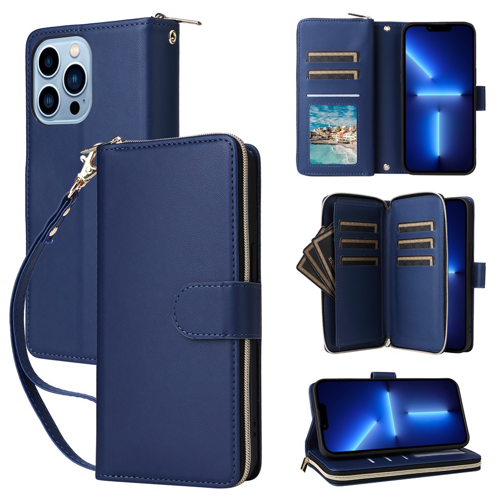 R20 For iPhone 13 Pro Case Zipper Pocket PU Leather Cover with 9 Card Slots - Blue