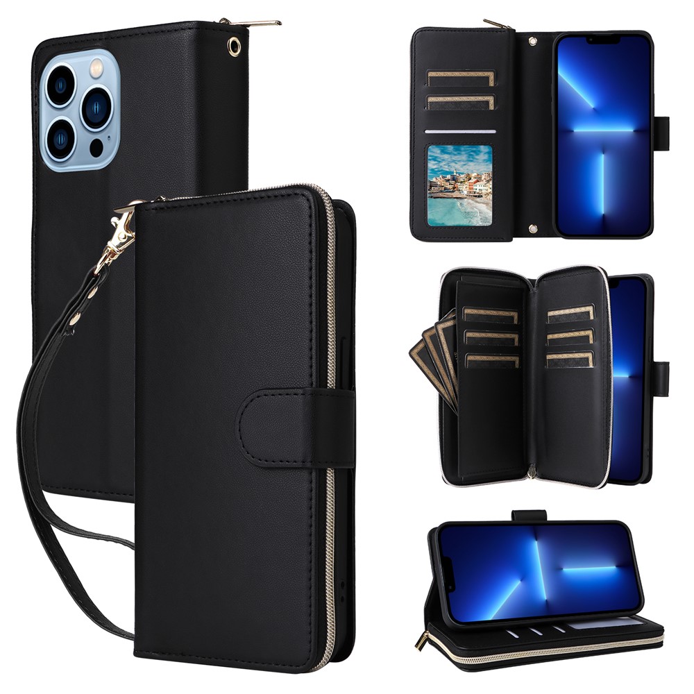 R20 For iPhone 13 Pro Case Zipper Pocket PU Leather Cover with 9 Card Slots - Black