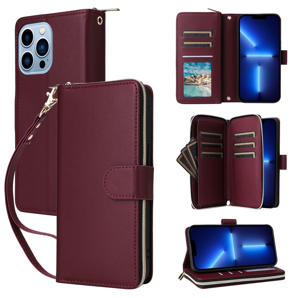 R20 For iPhone 13 Pro Case Zipper Pocket PU Leather Cover with 9 Card Slots - Wine Red