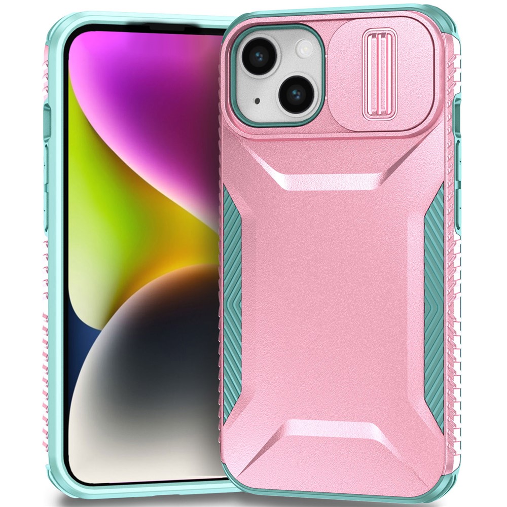 For iPhone 15 Case PC+TPU Anti-Slip Phone Cover with Slide Camera Lid - Pink / Green