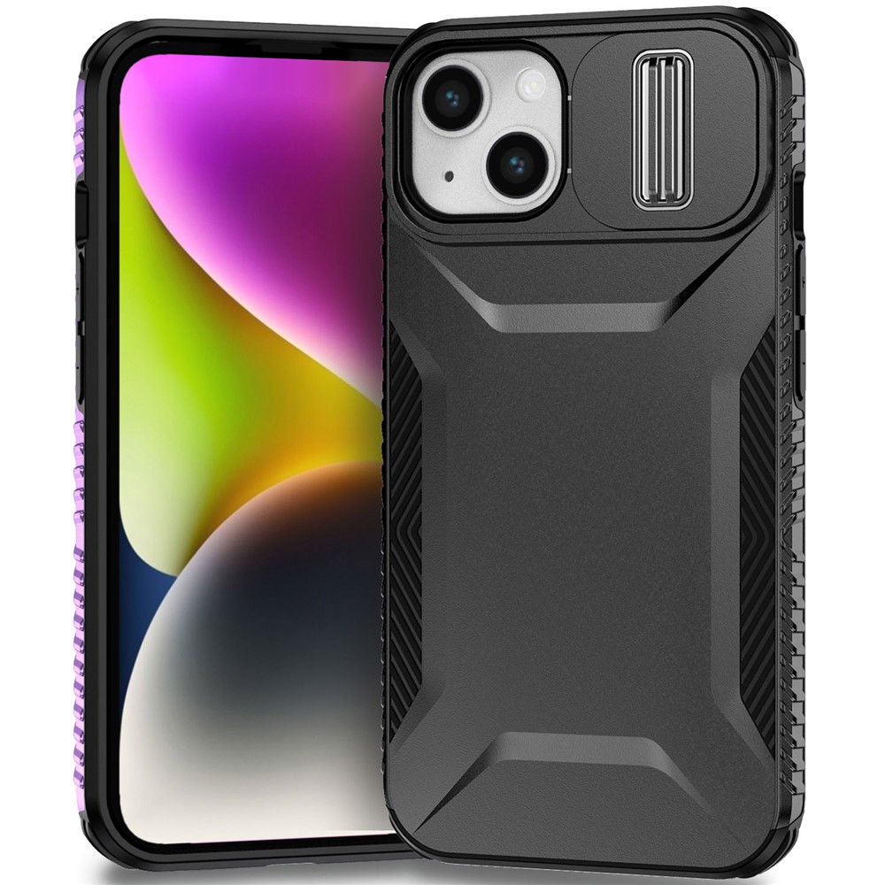 For iPhone 15 Case PC+TPU Anti-Slip Phone Cover with Slide Camera Lid - Black