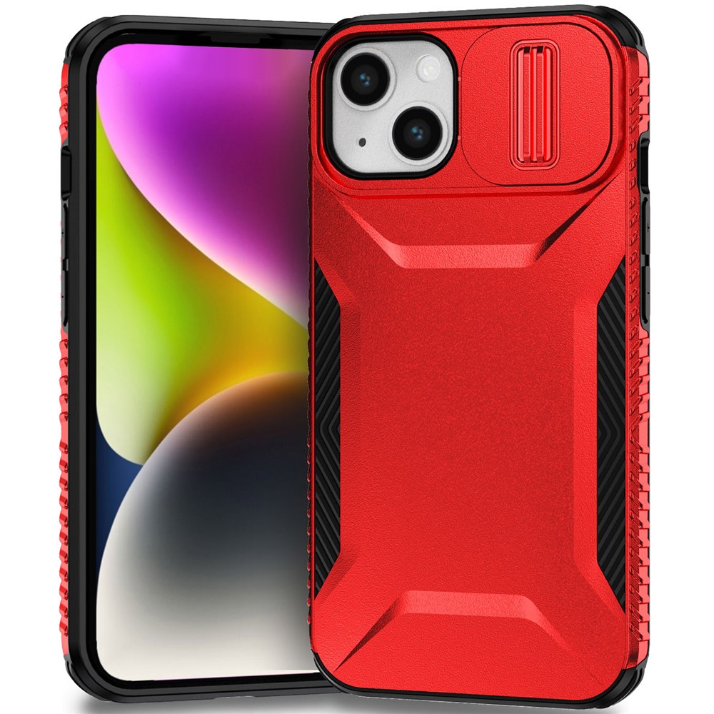 For iPhone 15 Case PC+TPU Anti-Slip Phone Cover with Slide Camera Lid - Red