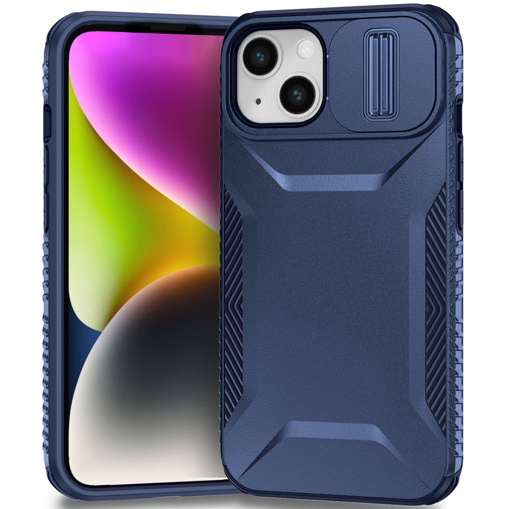 For iPhone 15 Case PC+TPU Anti-Slip Phone Cover with Slide Camera Lid - Blue