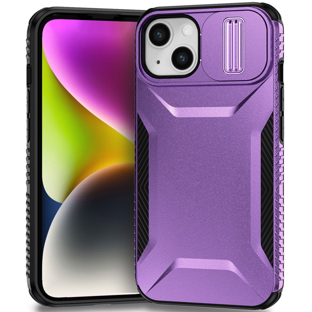 For iPhone 15 Case PC+TPU Anti-Slip Phone Cover with Slide Camera Lid - Purple