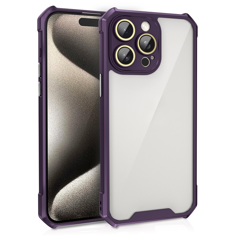 For iPhone 14 Pro Case Transparent Back Acrylic+TPU Phone Cover with Glass Lens Film - Purple