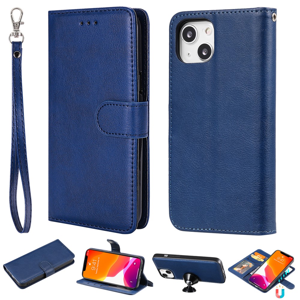 For iPhone 15 Case 2 in 1 Detachable Magnetic Leather Wallet Mobile Cover with Strap - Blue