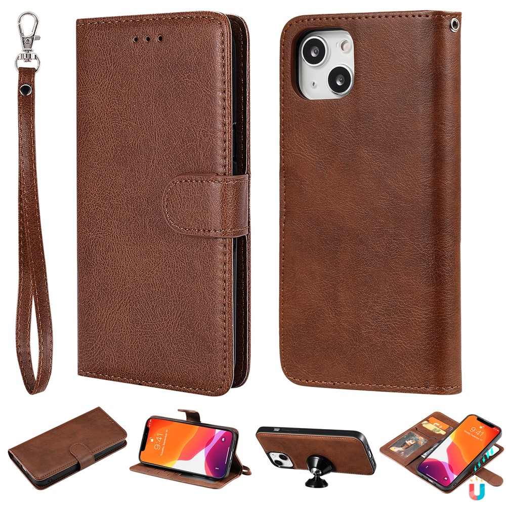 For iPhone 15 Case 2 in 1 Detachable Magnetic Leather Wallet Mobile Cover with Strap - Brown