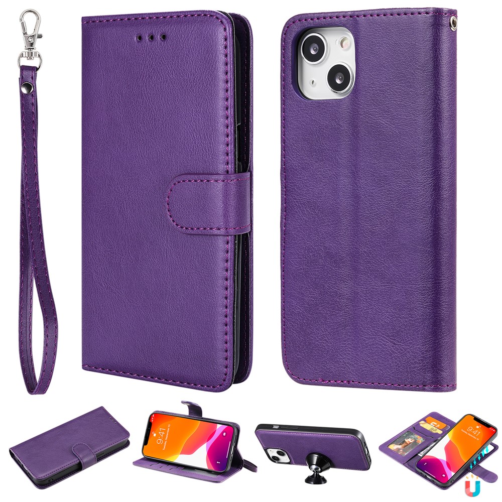 For iPhone 15 Case 2 in 1 Detachable Magnetic Leather Wallet Mobile Cover with Strap - Purple