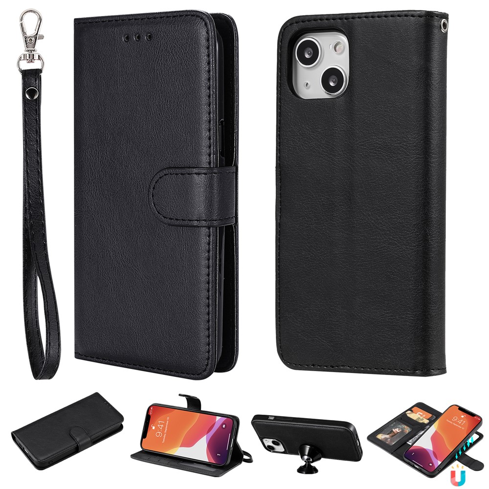 For iPhone 15 Case 2 in 1 Detachable Magnetic Leather Wallet Mobile Cover with Strap - Black
