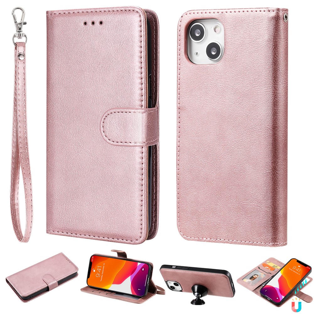 For iPhone 15 Case 2 in 1 Detachable Magnetic Leather Wallet Mobile Cover with Strap - Rose Gold