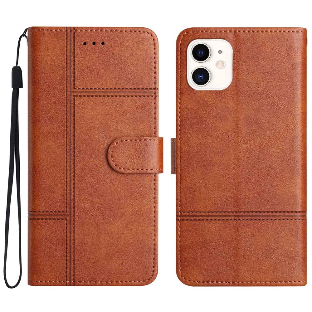 For iPhone 12 mini 5.4 inch Cowhide Texture Phone Wallet Case Drop-proof PU Leather Folio Flip Cover Folding Stand with Strap - Brown