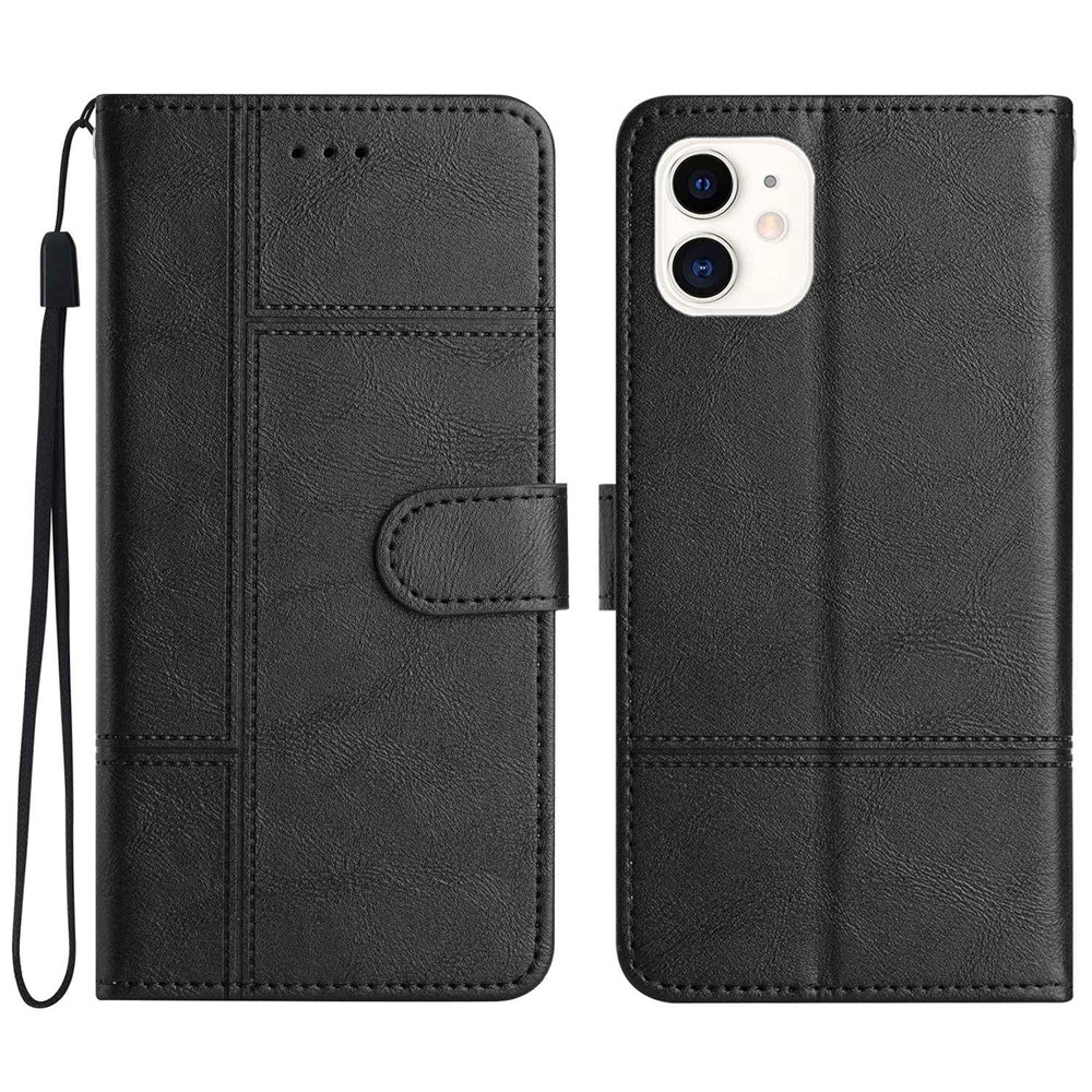 For iPhone 12 mini 5.4 inch Cowhide Texture Phone Wallet Case Drop-proof PU Leather Folio Flip Cover Folding Stand with Strap - Black