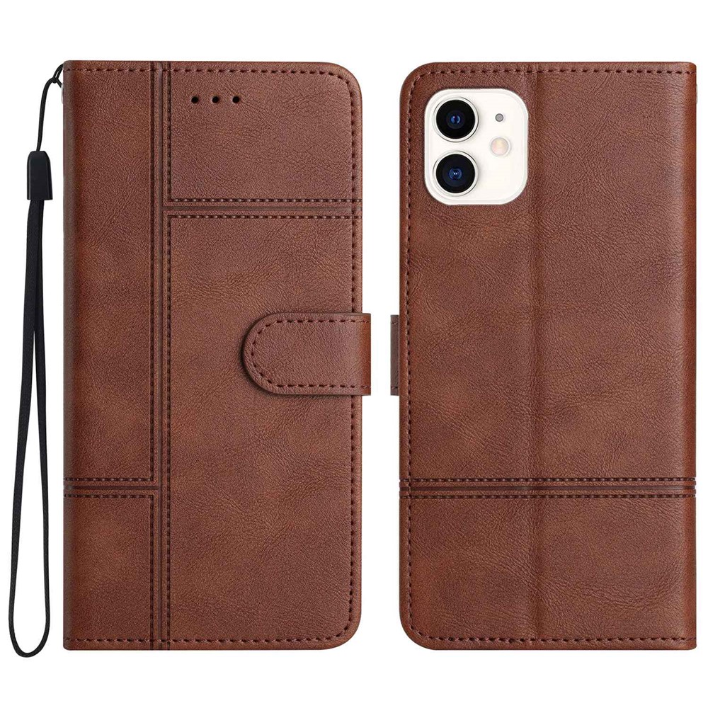 For iPhone 12 mini 5.4 inch Cowhide Texture Phone Wallet Case Drop-proof PU Leather Folio Flip Cover Folding Stand with Strap - Coffee