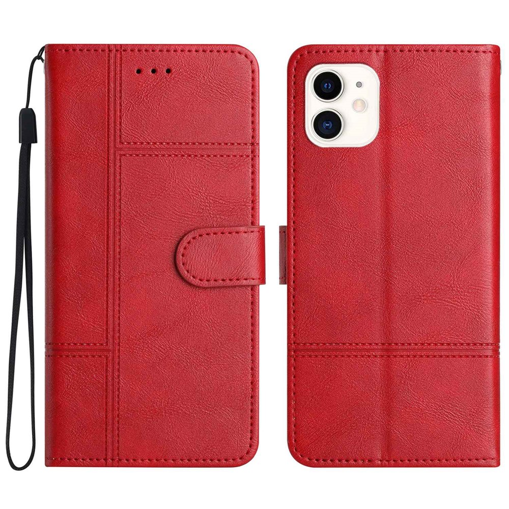 For iPhone 12 mini 5.4 inch Cowhide Texture Phone Wallet Case Drop-proof PU Leather Folio Flip Cover Folding Stand with Strap - Red