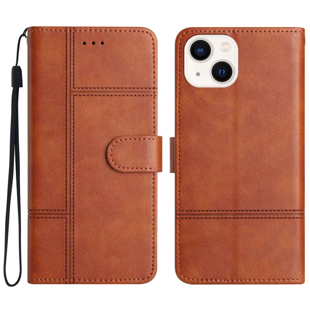 For iPhone 13 mini 5.4 inch Full Protection Phone Wallet Case PU Leather Folio Flip Cover Folding Stand with Strap - Brown