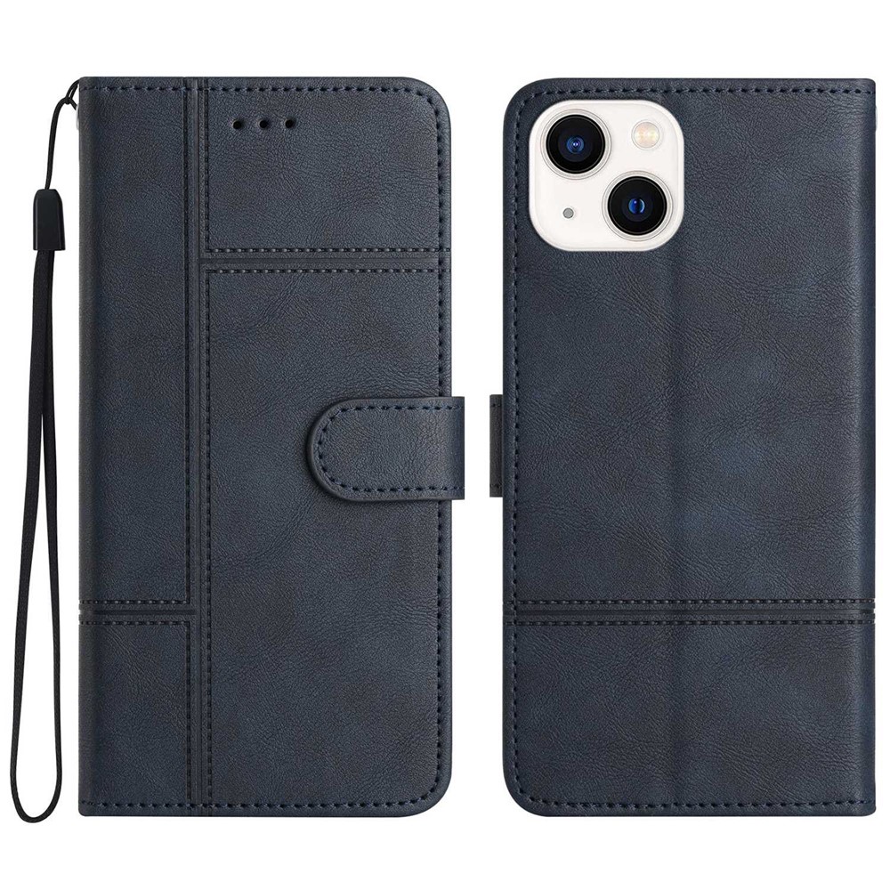 For iPhone 13 mini 5.4 inch Full Protection Phone Wallet Case PU Leather Folio Flip Cover Folding Stand with Strap - Blue