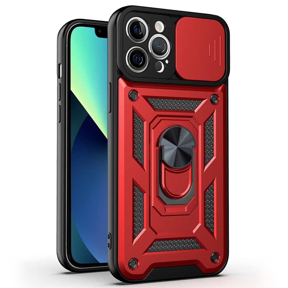 For iPhone 11 Pro Max Case Kickstand PC+TPU Phone Cover with Slide Camera Lid - Red