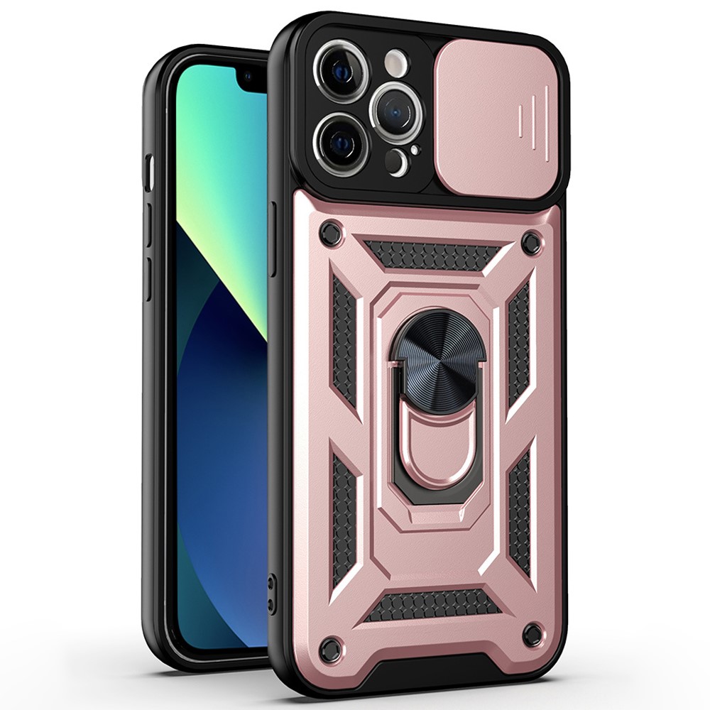 For iPhone 11 Pro Max Case Kickstand PC+TPU Phone Cover with Slide Camera Lid - Rose Gold