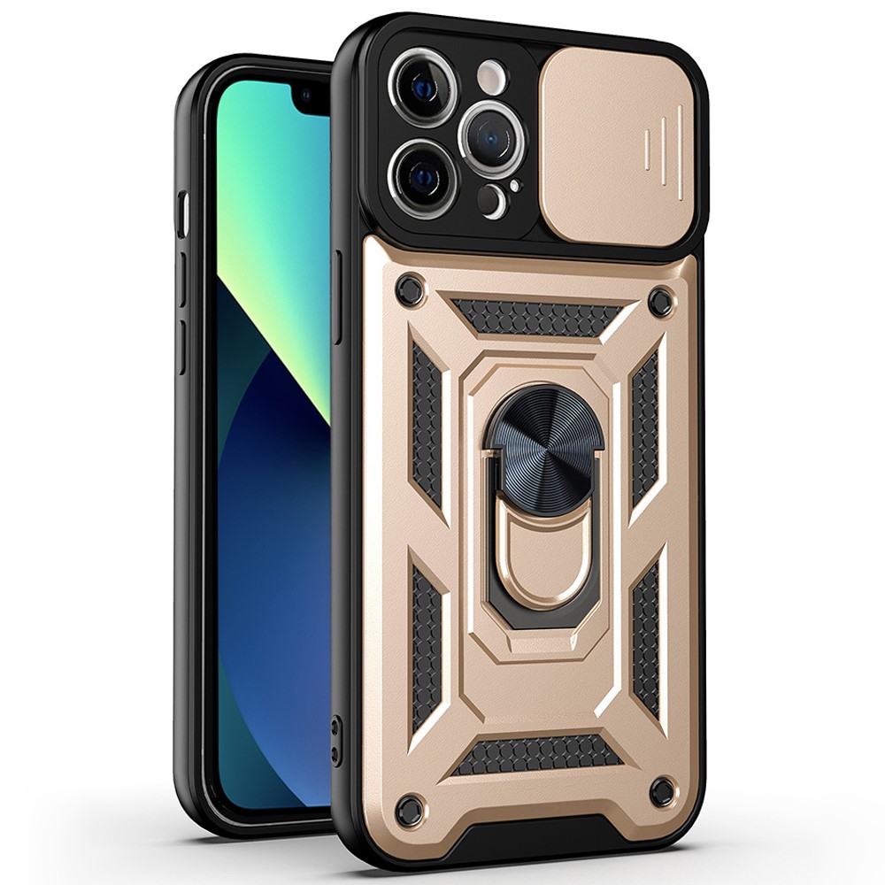 For iPhone 11 Pro Max Case Kickstand PC+TPU Phone Cover with Slide Camera Lid - Gold