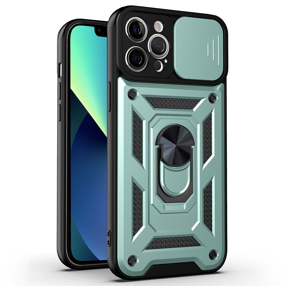 For iPhone 11 Pro Max Case Kickstand PC+TPU Phone Cover with Slide Camera Lid - Green