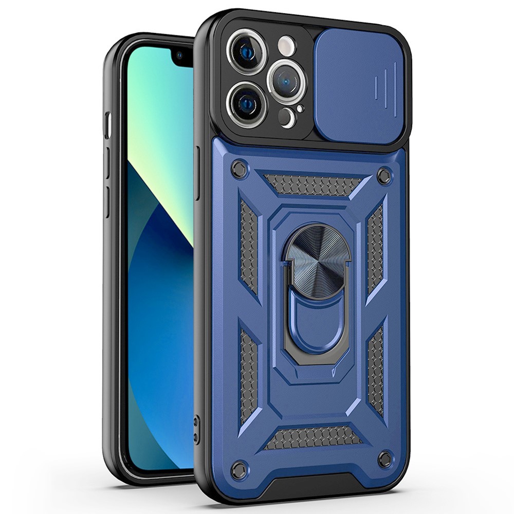 For iPhone 11 Pro Max Case Kickstand PC+TPU Phone Cover with Slide Camera Lid - Blue