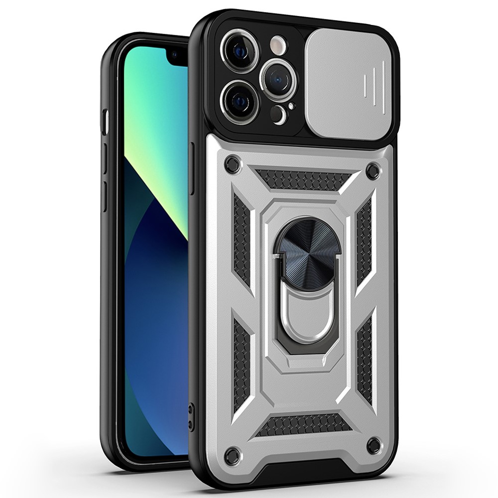 For iPhone 11 Pro Max Case Kickstand PC+TPU Phone Cover with Slide Camera Lid - Silver
