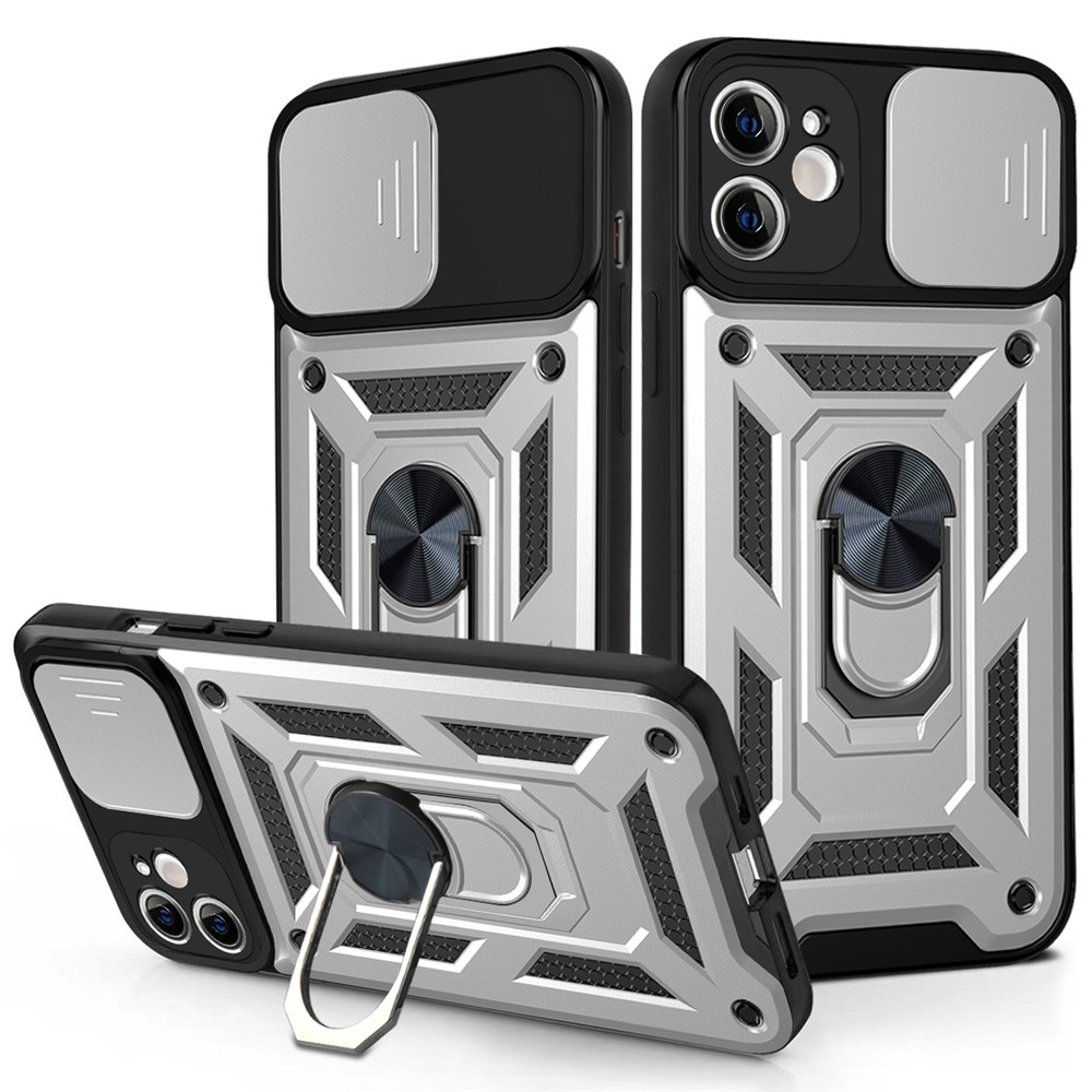 For iPhone 11 Case with Slide Camera Lid PC+TPU Kickstand Phone Cover - Silver