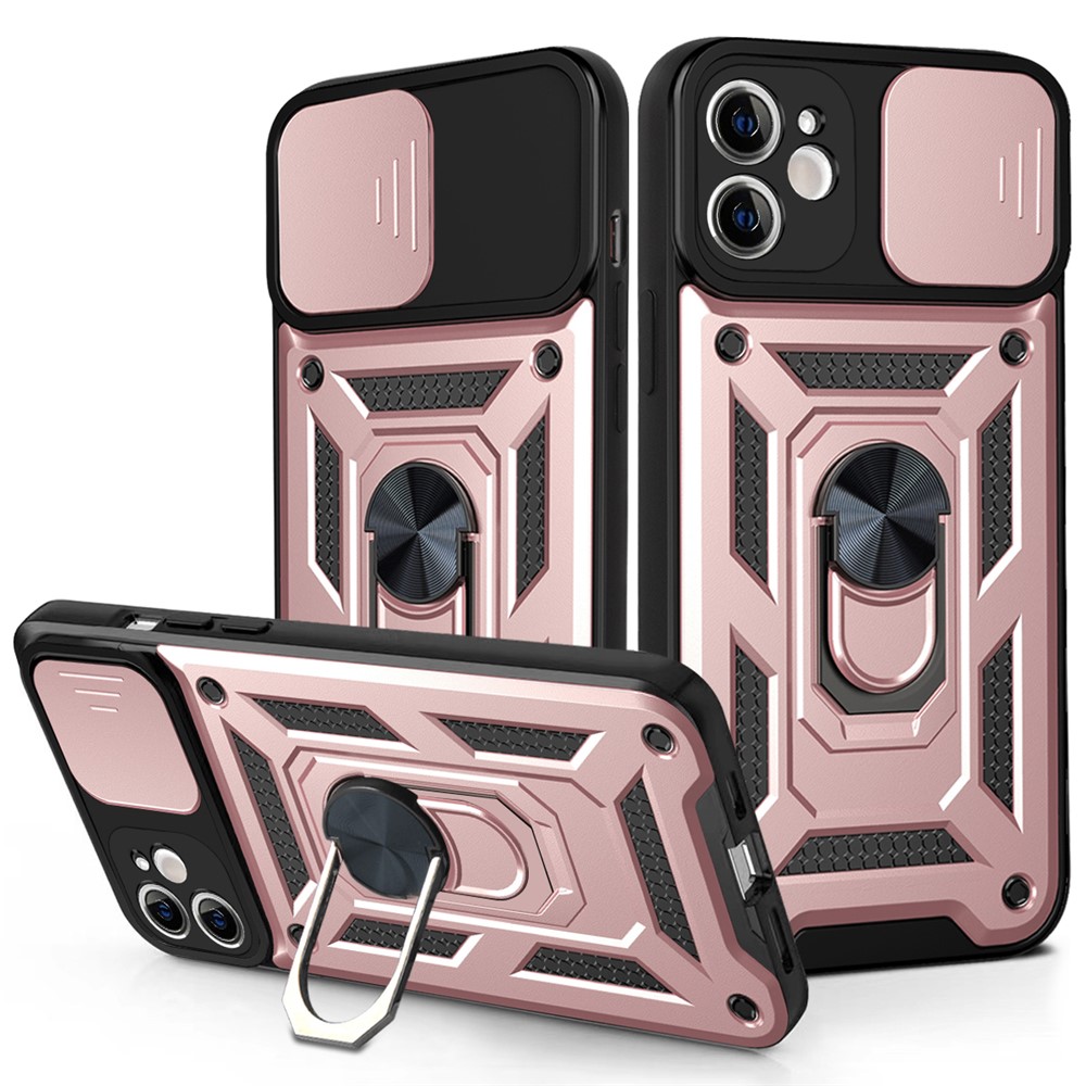 For iPhone 11 Case with Slide Camera Lid PC+TPU Kickstand Phone Cover - Rose Gold