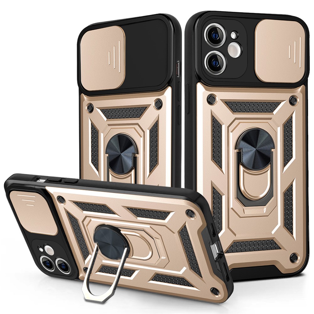For iPhone 11 Case with Slide Camera Lid PC+TPU Kickstand Phone Cover - Gold