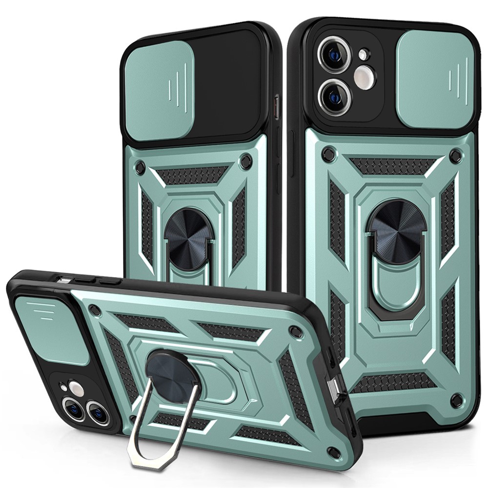 For iPhone 11 Case with Slide Camera Lid PC+TPU Kickstand Phone Cover - Green