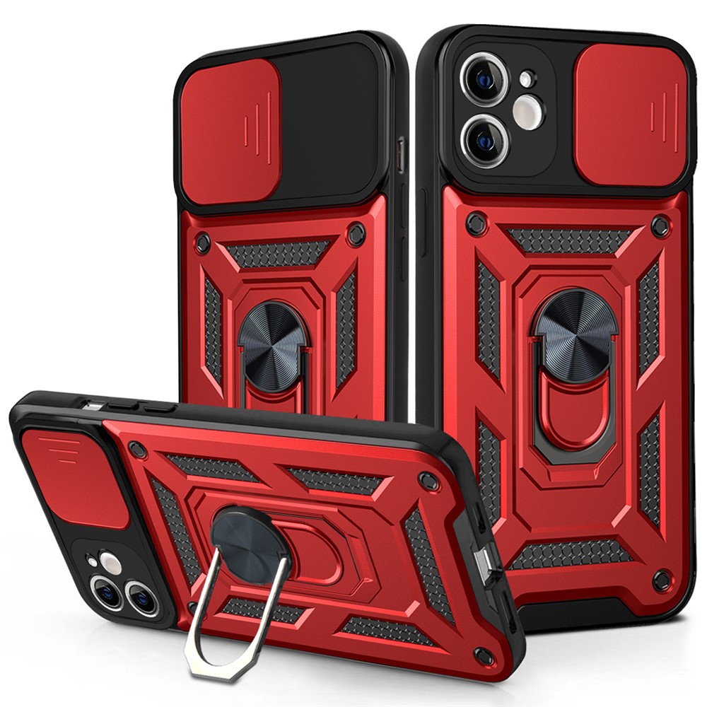 For iPhone 11 Case with Slide Camera Lid PC+TPU Kickstand Phone Cover - Red