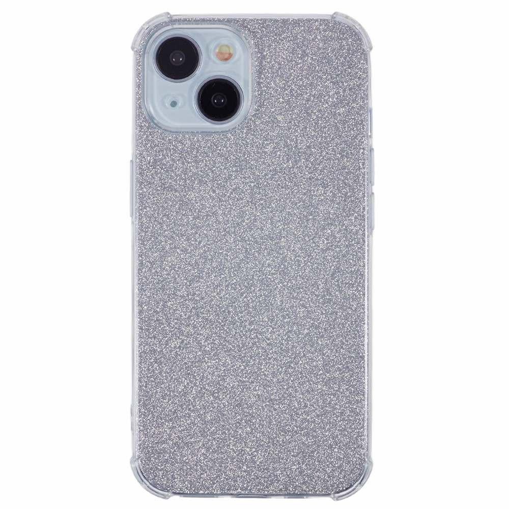 For iPhone 15 Shockproof Case Soft TPU Phone Cover with Card Paper - Glitter Silver