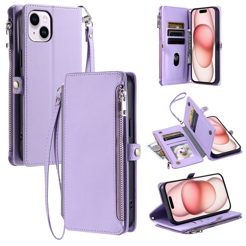 015 Style For iPhone 15 Leather Case Zipper Pocket Shockproof Phone Cover - Purple