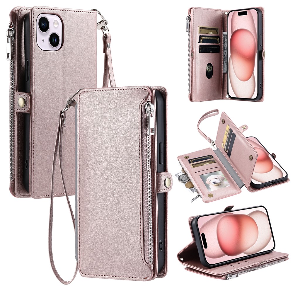 015 Style For iPhone 15 Leather Case Zipper Pocket Shockproof Phone Cover - Rose Gold