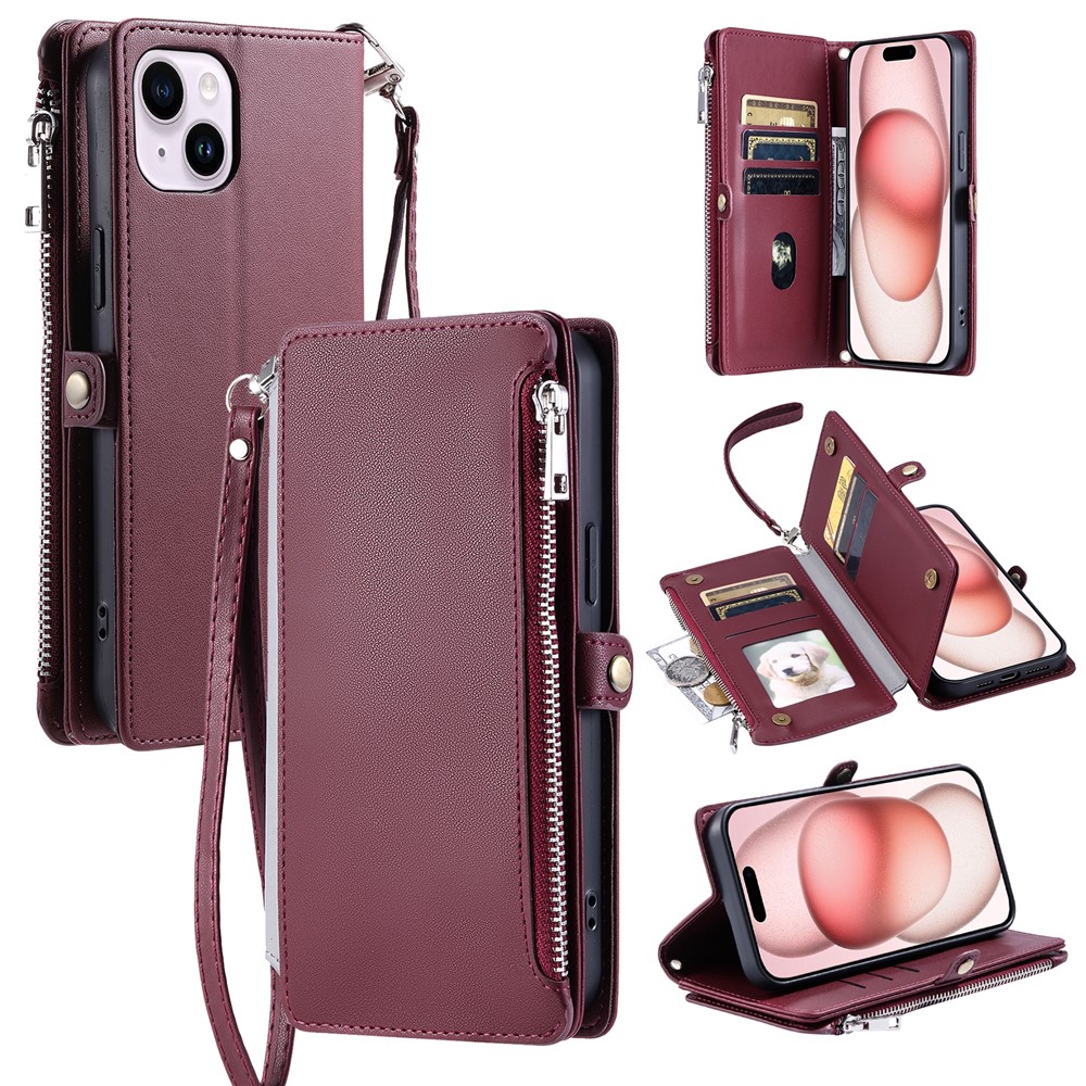 015 Style For iPhone 15 Leather Case Zipper Pocket Shockproof Phone Cover - Wine Red
