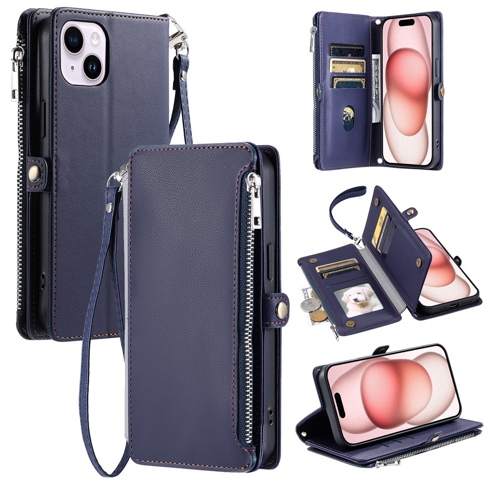 015 Style For iPhone 15 Leather Case Zipper Pocket Shockproof Phone Cover - Blue