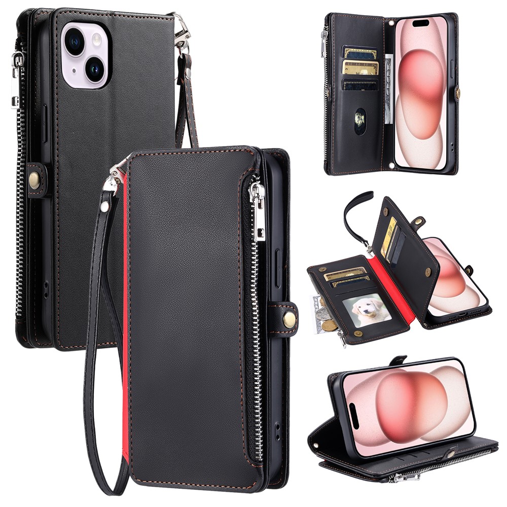 015 Style For iPhone 15 Leather Case Zipper Pocket Shockproof Phone Cover - Black