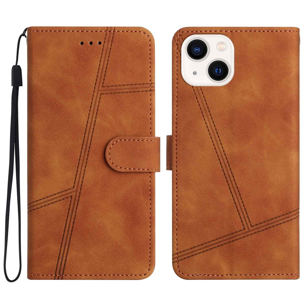 Skin-touch Feeling Cell Phone Case Bag for iPhone 13 mini 5.4 inch, Stitching Lines Decor Retro PU Leather Stand Cover Wallet - Brown