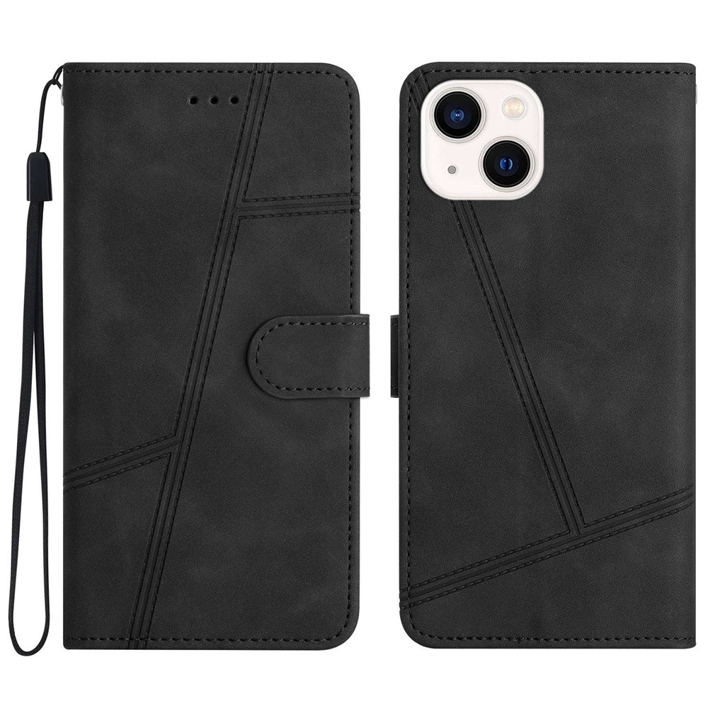 Skin-touch Feeling Cell Phone Case Bag for iPhone 13 mini 5.4 inch, Stitching Lines Decor Retro PU Leather Stand Cover Wallet - Black