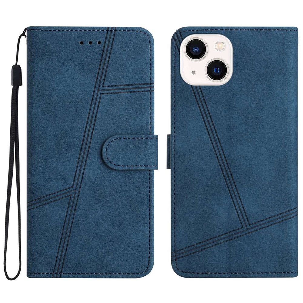 Skin-touch Feeling Cell Phone Case Bag for iPhone 13 mini 5.4 inch, Stitching Lines Decor Retro PU Leather Stand Cover Wallet - Blue