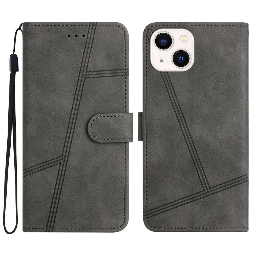 Skin-touch Feeling Cell Phone Case Bag for iPhone 13 mini 5.4 inch, Stitching Lines Decor Retro PU Leather Stand Cover Wallet - Grey