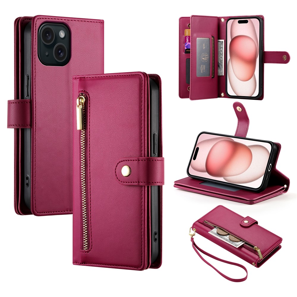 DF-011 For iPhone 15 Case Crossbody Leather Cover with Zipper Pocket Multiple Card Slots - Red