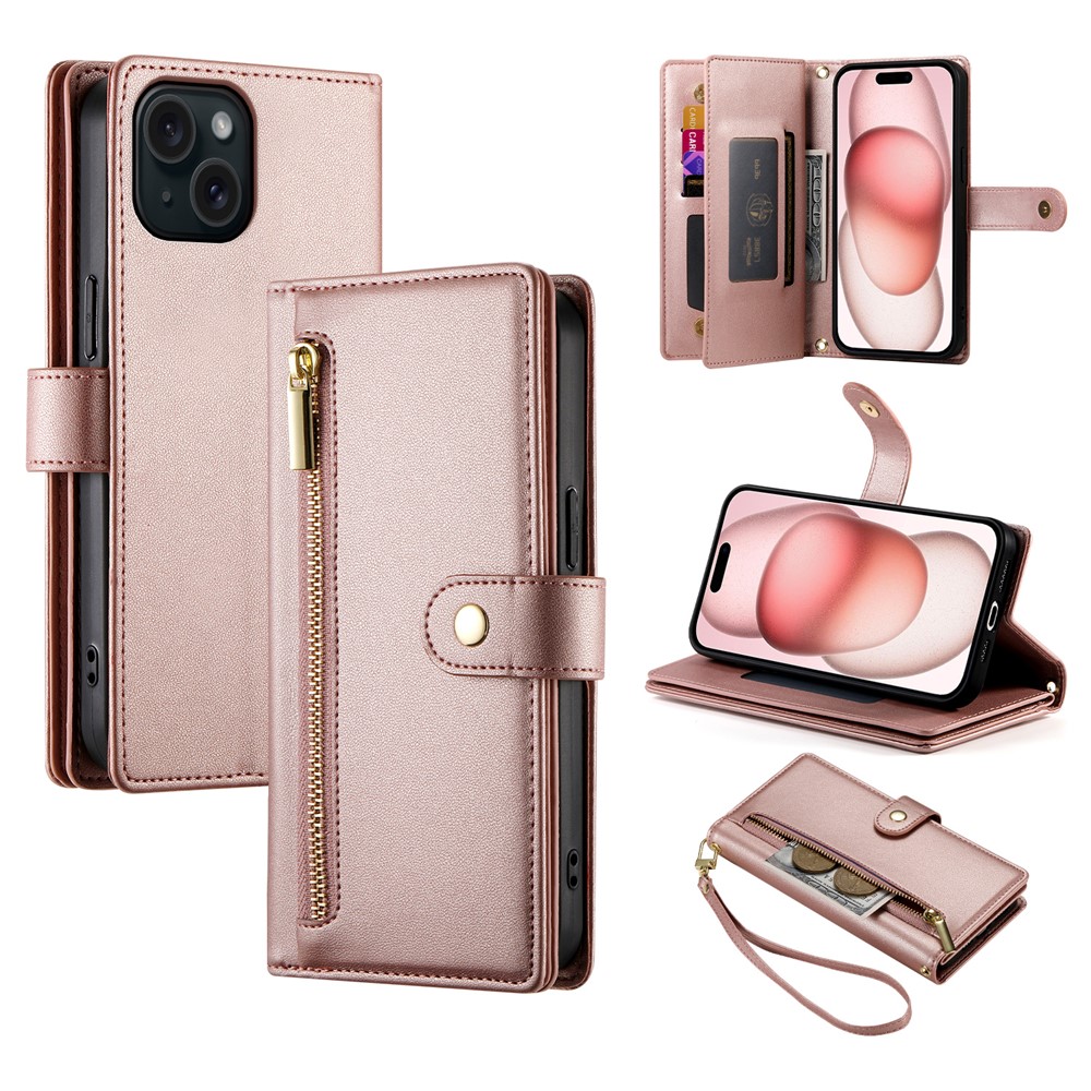 DF-011 For iPhone 15 Case Crossbody Leather Cover with Zipper Pocket Multiple Card Slots - Pink