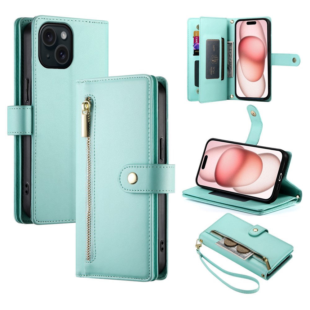 DF-011 For iPhone 15 Case Crossbody Leather Cover with Zipper Pocket Multiple Card Slots - Mint Green