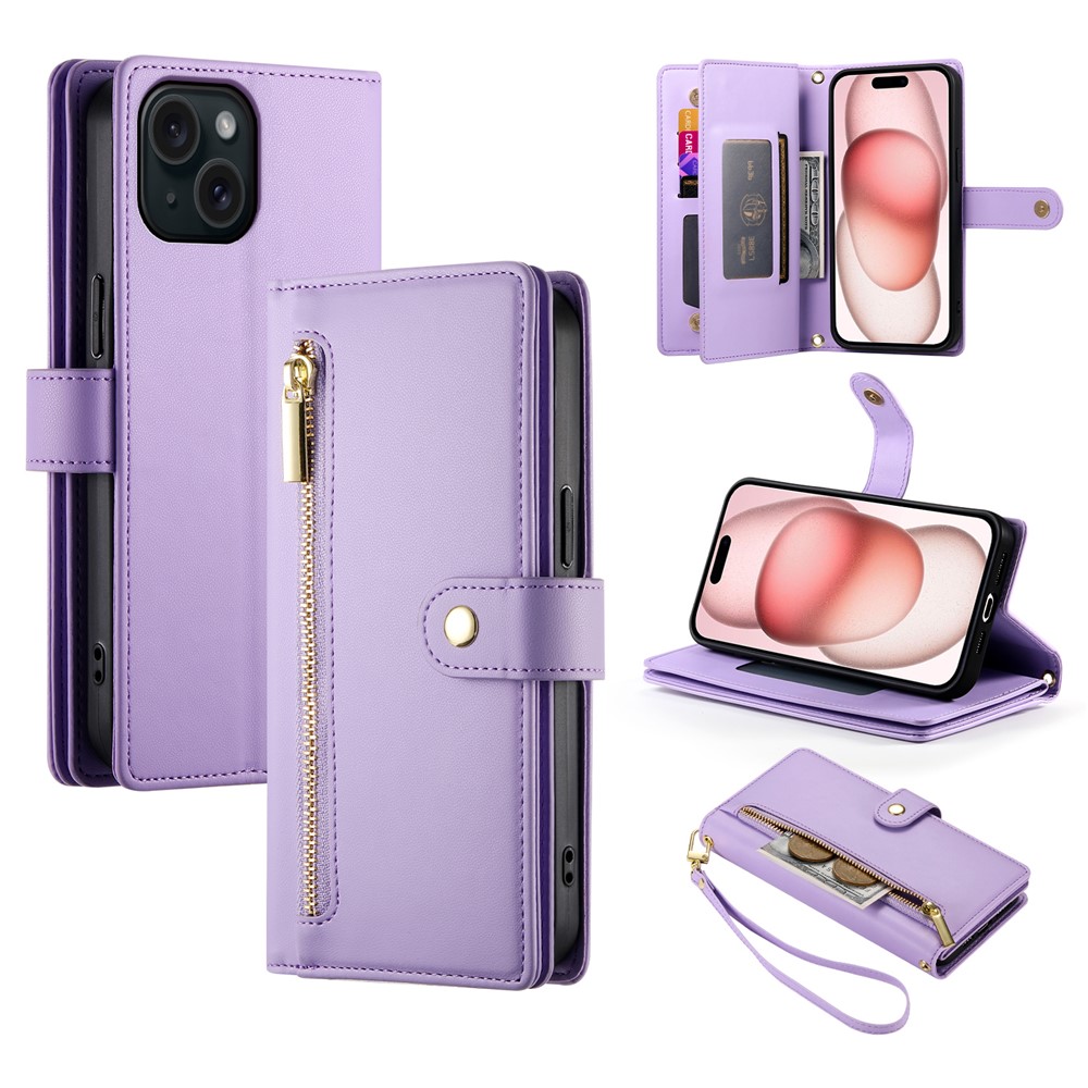 DF-011 For iPhone 15 Case Crossbody Leather Cover with Zipper Pocket Multiple Card Slots - Purple